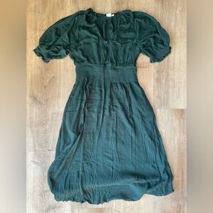 GAP Puff Sleeve Midi Dress S Green Boho Cottagecore Peasant Button Front